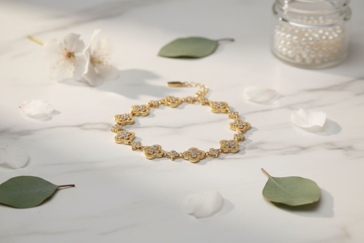 14K 7IN CLEAR CLOVER LINK TENNIS BRACELET HUANG