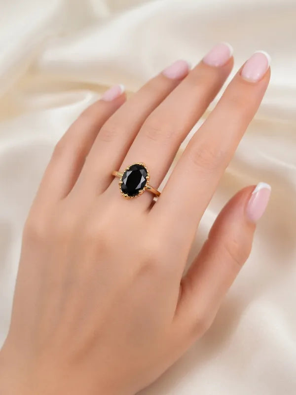 14K OVAL-CUT BLACK GEMSTONE RING YW-01520017
