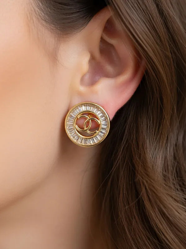 14K INSP CHANEL INTERLOCKING CC LOGO BUTTON EARRING