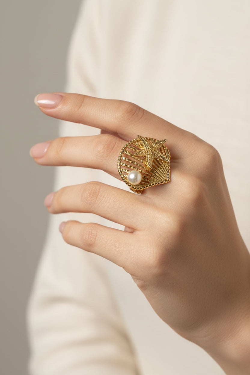 14K PEARL SEASHELL RING