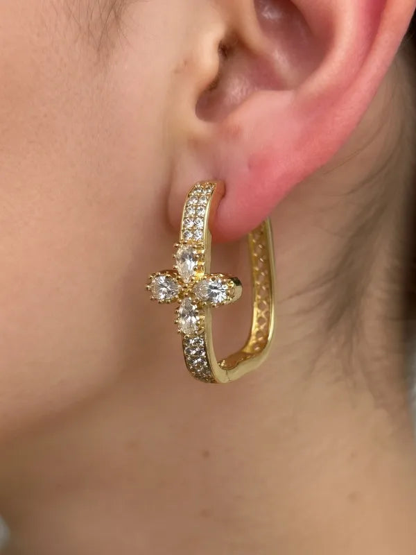 14K ICED-OUT CROSS RECTANGULAR HOOP EARRING