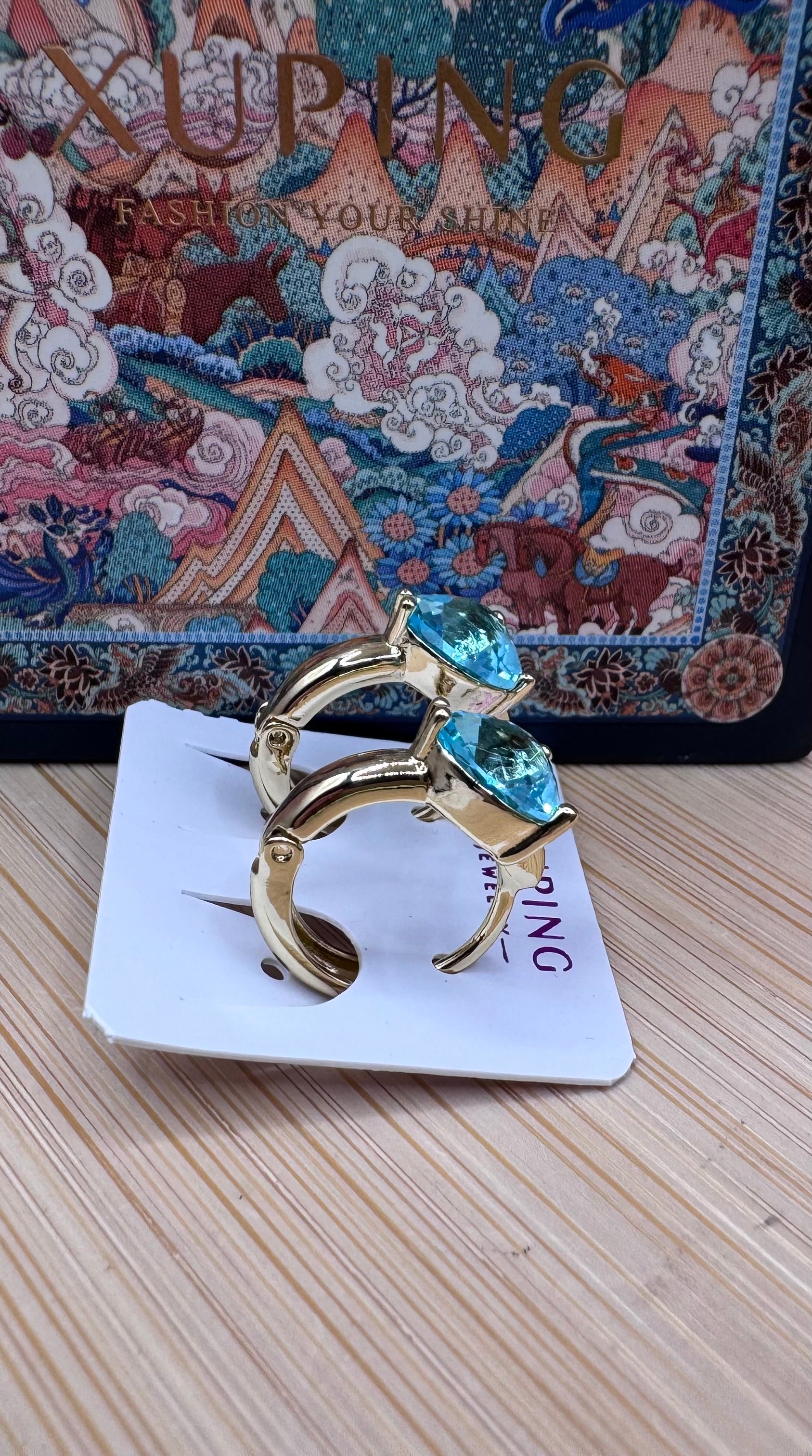 14k Aqua Blue Heart Huggie TEXX-0037