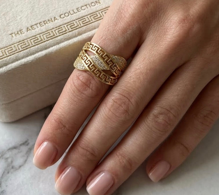 14K GREEK KEY CROSSOVER PAVE RING