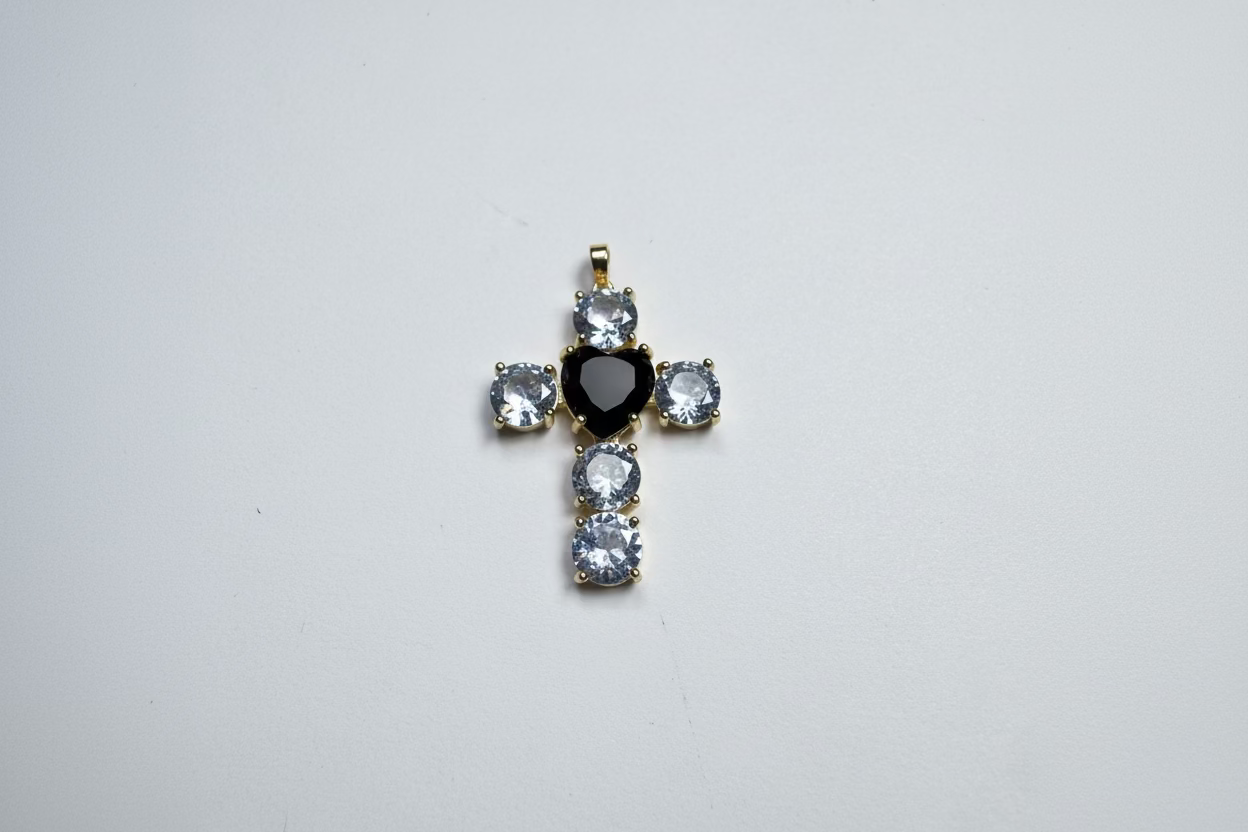 14K CLEAR & BLACK HEART CROSS