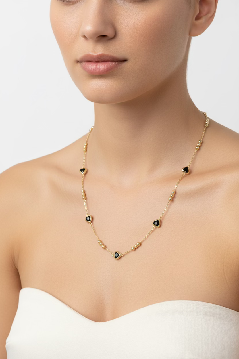 14K 16IN+EXT BLACK HEART BEAD CHAIN NECKLACE TH-04710004