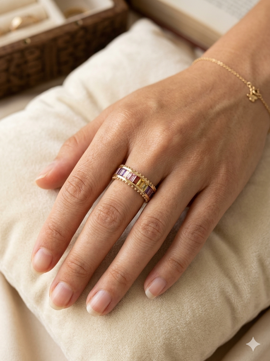 14K RAINBOW BAGUETTE ETERNITY RING
