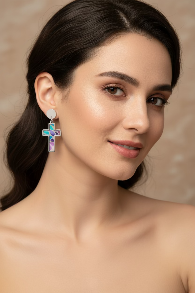 STS OIL PANTED CROSS DANGLE EARRING T000941250