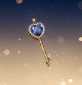 Key-shaped pendant with a heart-shaped blue gem on a gray background