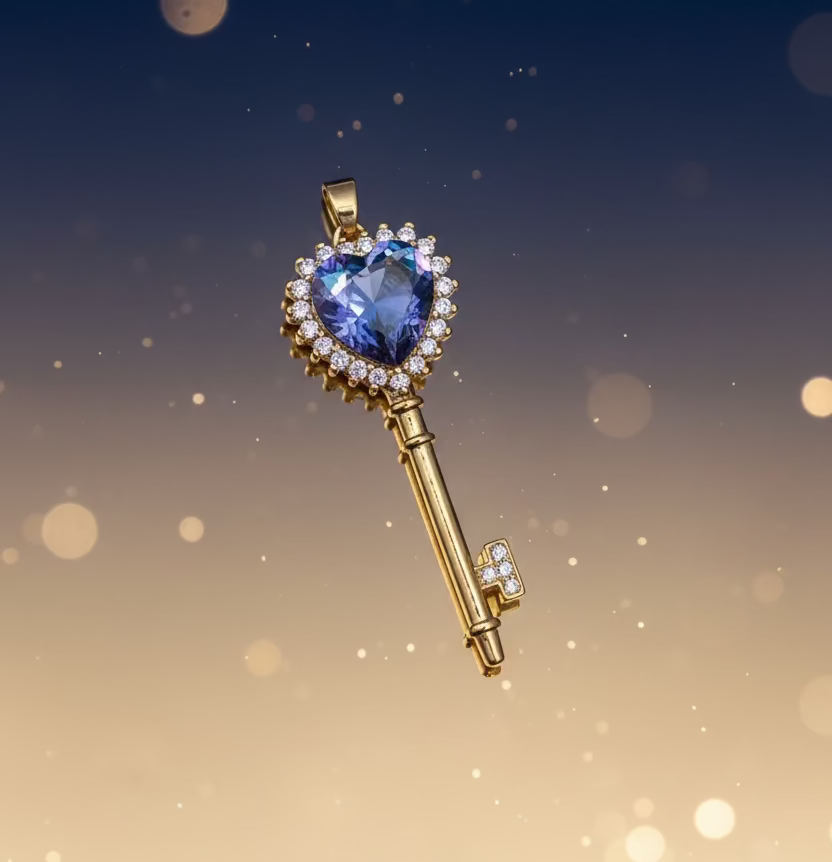 Key-shaped pendant with a heart-shaped blue gem on a gray background