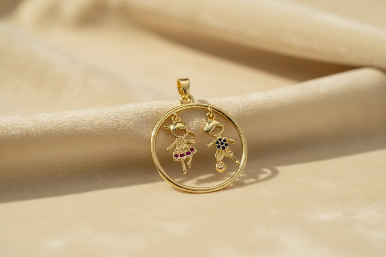 Two circular pendants, one gold and one silver, featuring cartoon characters on a gray background.