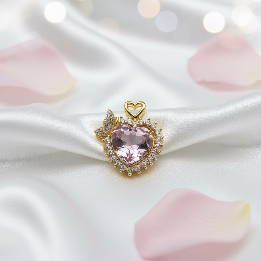 14K PINK HEART AND BUTTERFLY PENDANT