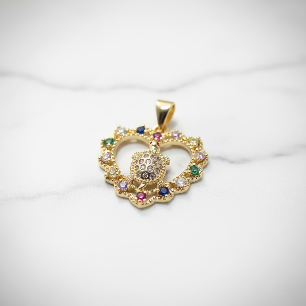 14K MULTI-COLORS SEA TURTLE HEART PENDANT