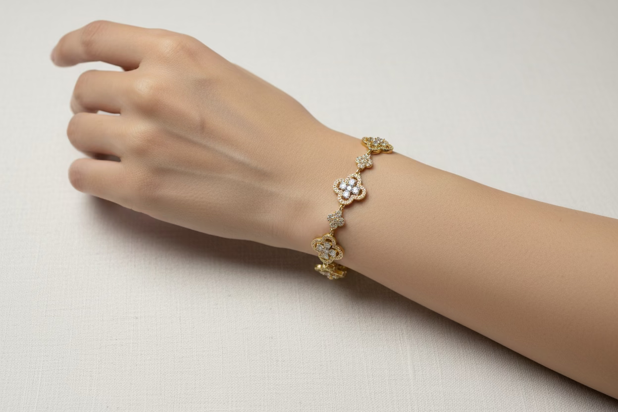14K 7IN CLEAR CLOVER LINK TENNIS BRACELET HUANG