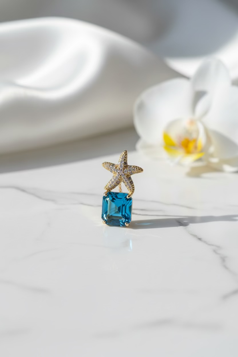 14K SEA STAR WITH BLUE CUBE CRYSTAL PENDANT