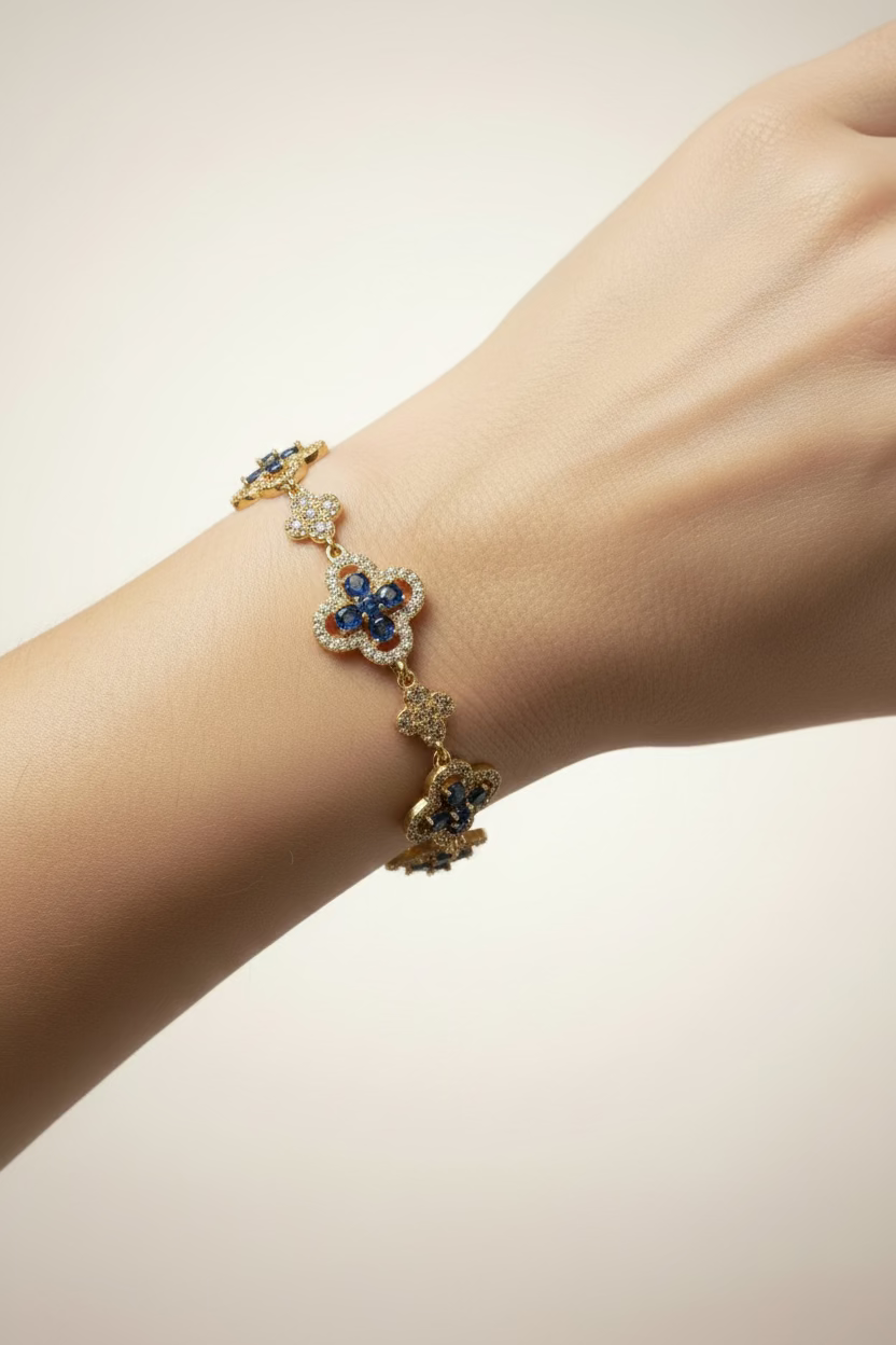 14K 7IN DARK BLUE TOPAZ CLOVER LINK TENNIS BRACELET HUANG