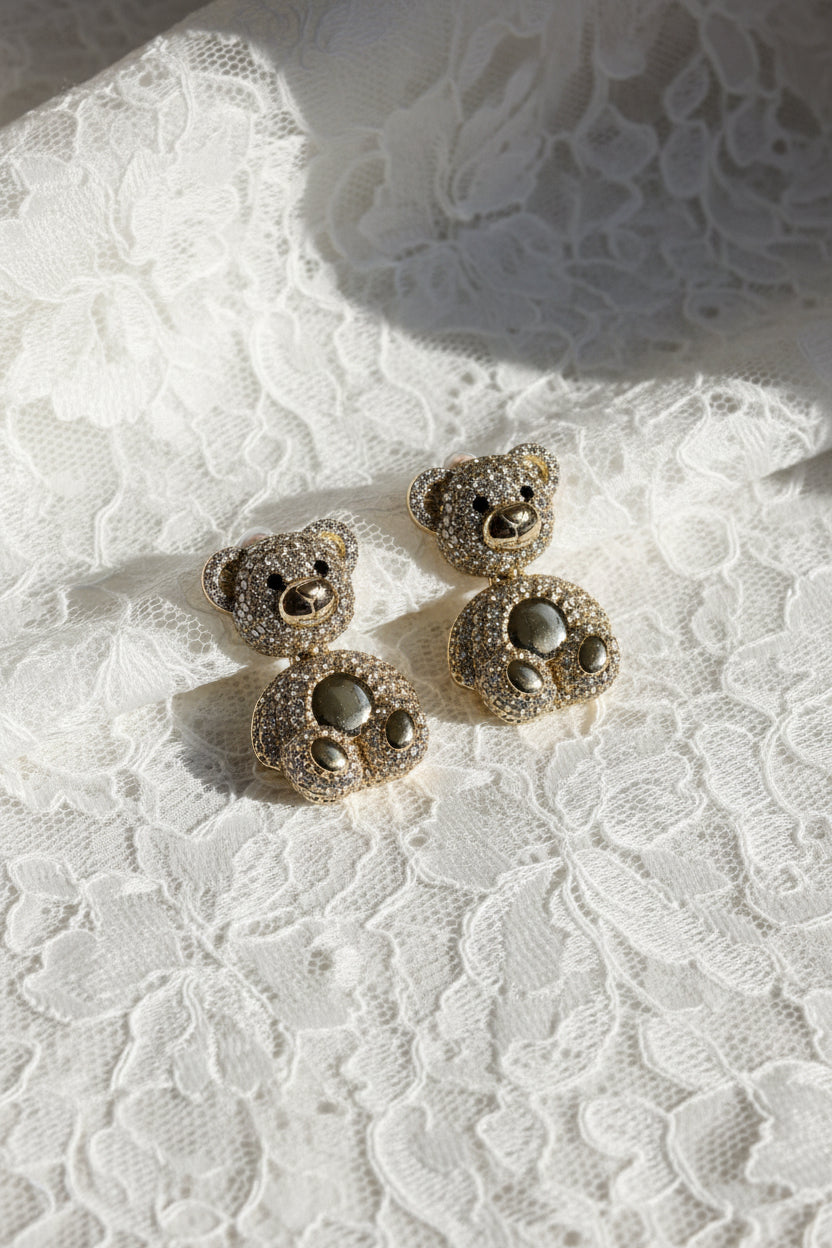 14K CLEAR TEDDY BEAR DANGLE EARRING X000767160
