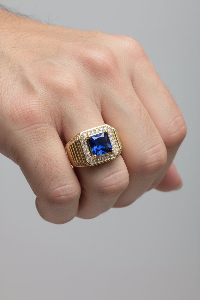 14K DARK BLUE SAPPHIRE SQUARE MENS RING ZM
