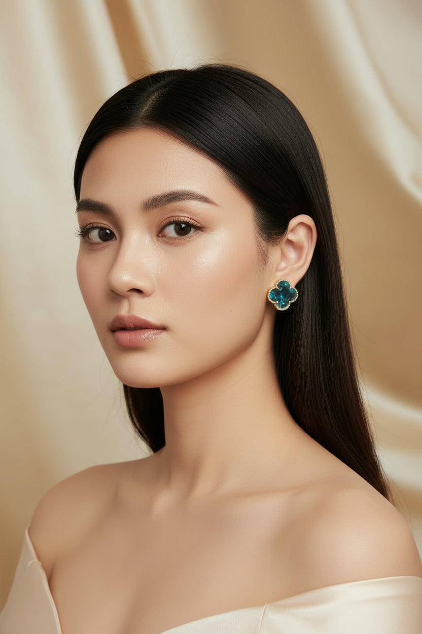 14K TURQUOISE CLOVER FRENCH HOOP EARRING RH-14780007