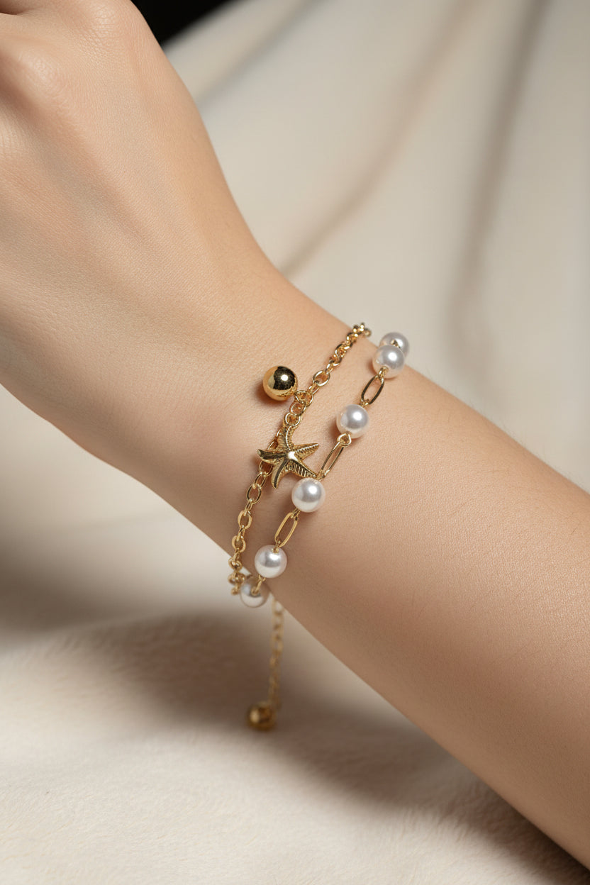 14K PEARL 2 LAYER STARFISH BRACELET CM