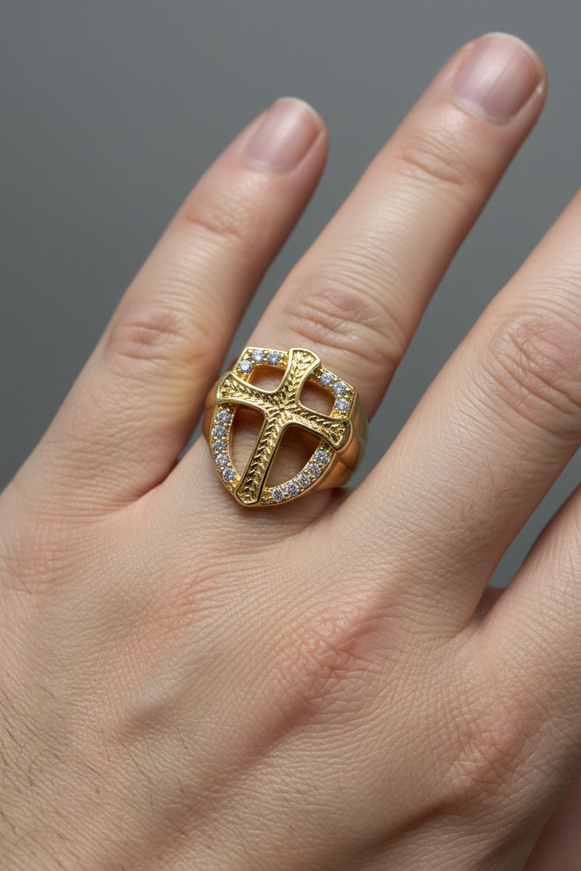 14K CLEAR CROSS MENS RING