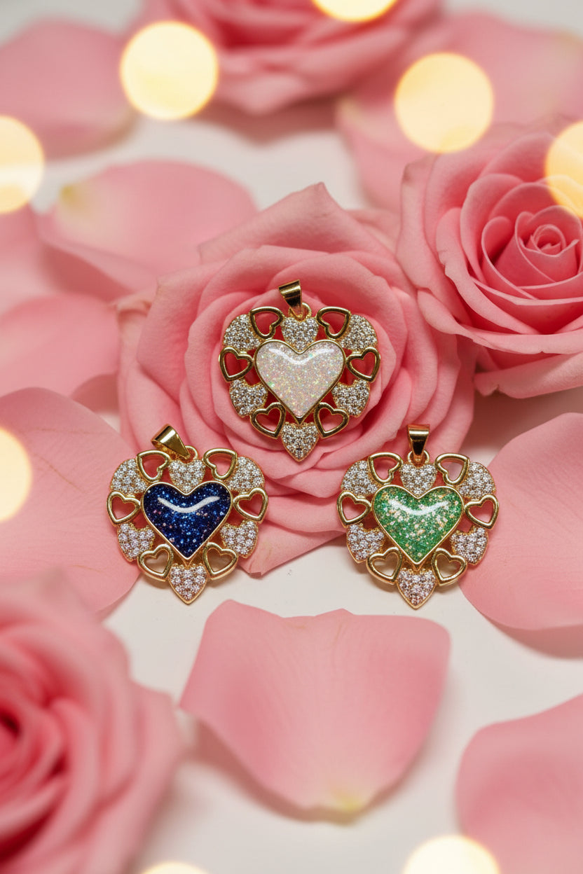 14K HEART OPAL PENDANT - VARIETY OPAL WHITE, BLUE, GREEN