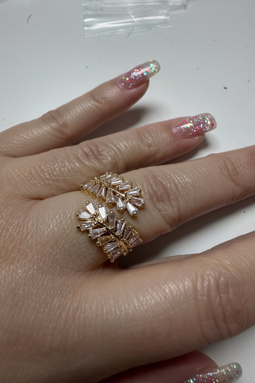 14K CLEAR LEAVES WRAP OPEN RING