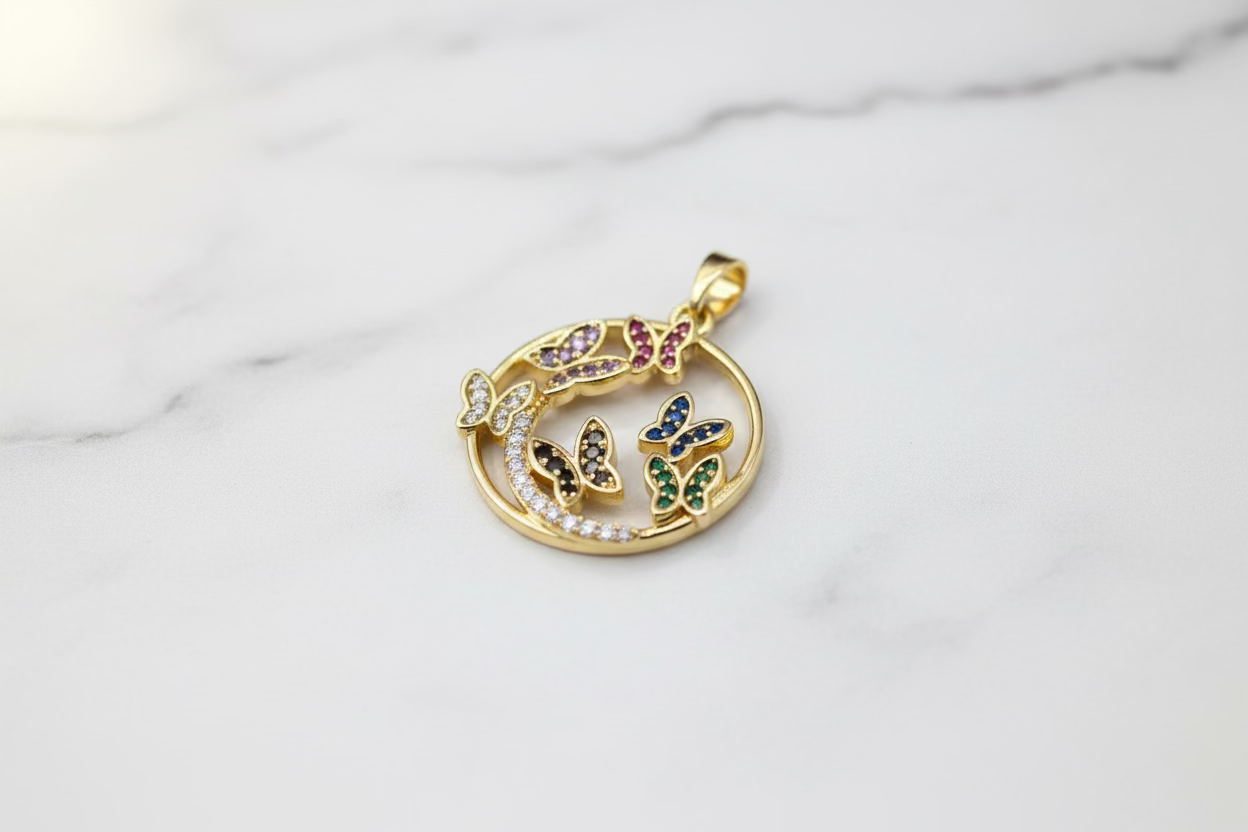 14K MULTI COLOR BUTTERFLIES CIRCLE PENDANT