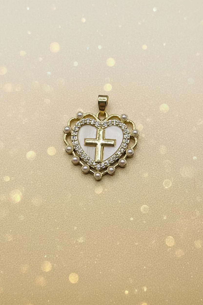 14K PEARL HEART CROSS PENDANT