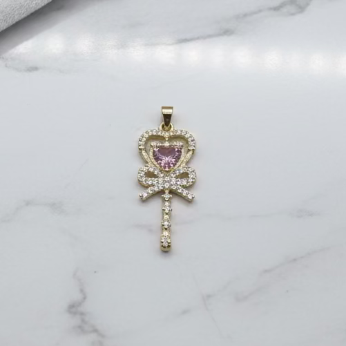 14K PINK HEART CROWN KEY PENDANT