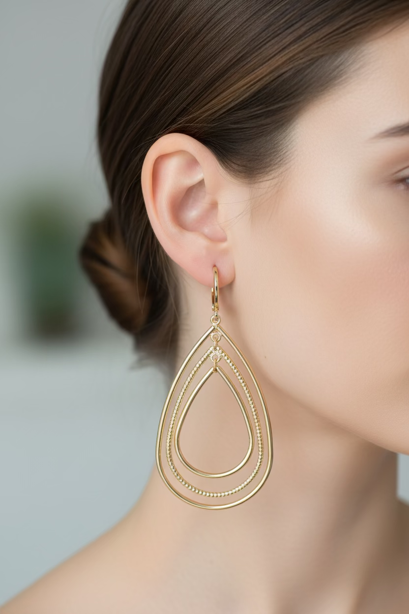 14K 3 LAYER DROP SHAPE DANGLE EARRING