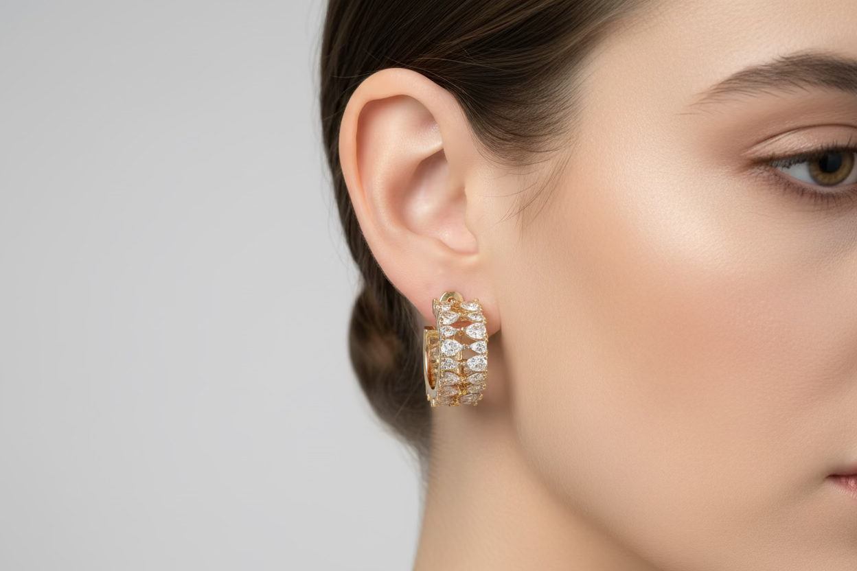 14K CLEAR DOUBLE ROW MARQUISE CUT HUGGIE EARRING RQ342