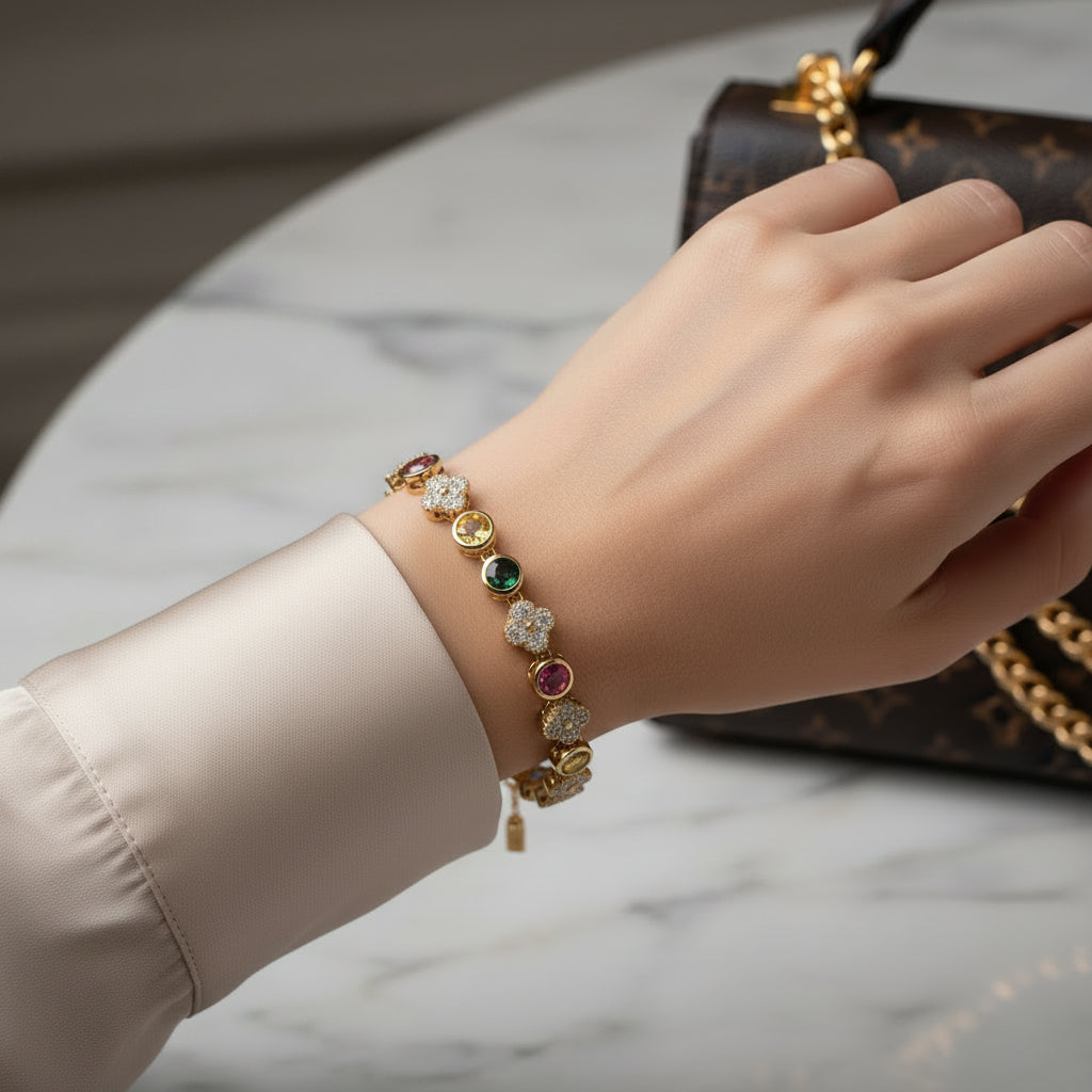 14K MULTICOLOR CLOVER DESIGN TENNIS BRACELET RR69B1