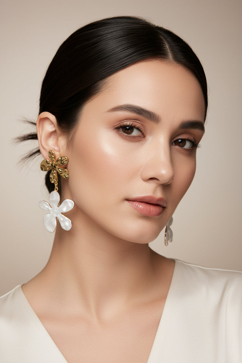 14K TIERED PEARLESCENT FLOWER DROP EARRINGS