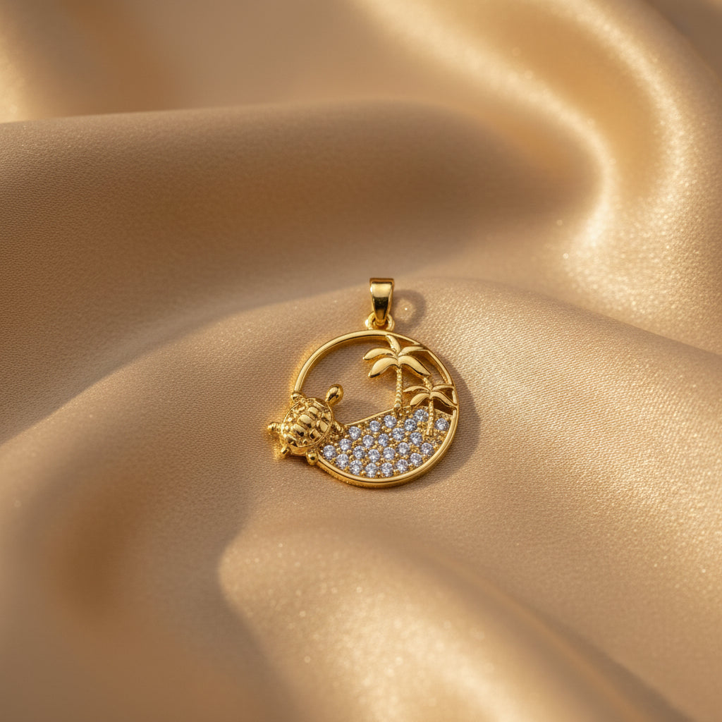 14K OCEAN WAVE TURTLE PALM PENDANT