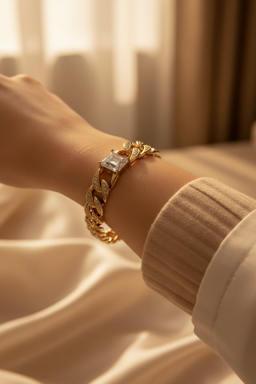14K CLEAR SQUARE CRYSTAL CUBAN BRACELET