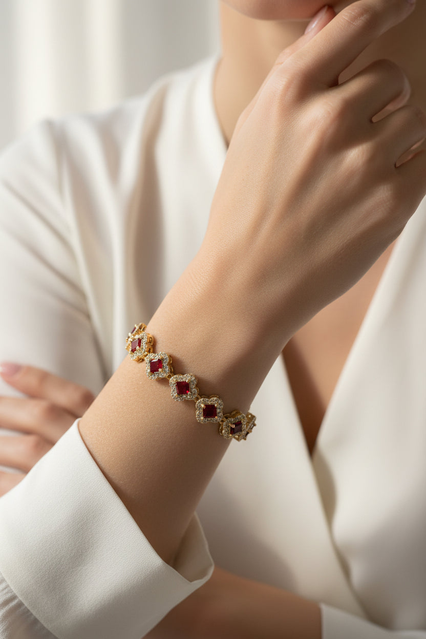14K RED HALO CLOVER TENNIS INSP BRACELET