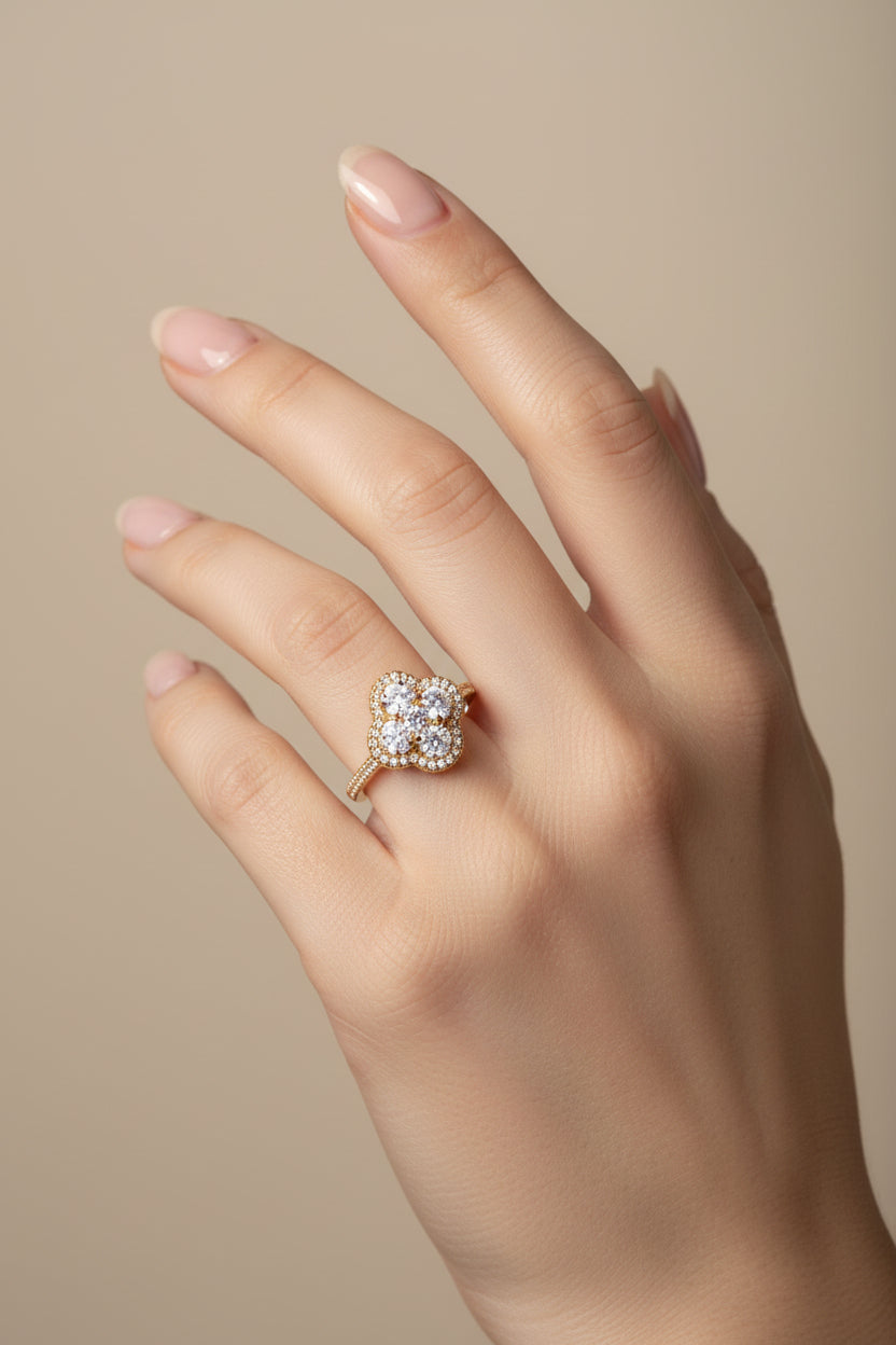 14K CLEAR CRYSTAL CLOVER INSP RING KY1326B