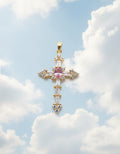 14K CLEAR & PINK CROSS PENDANT