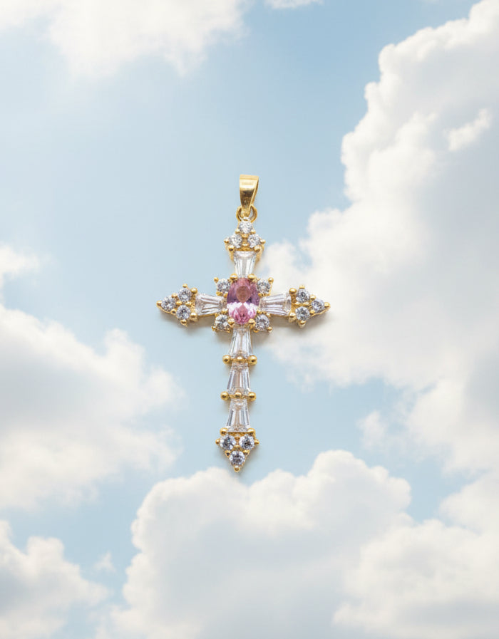 14K CLEAR & PINK CROSS PENDANT