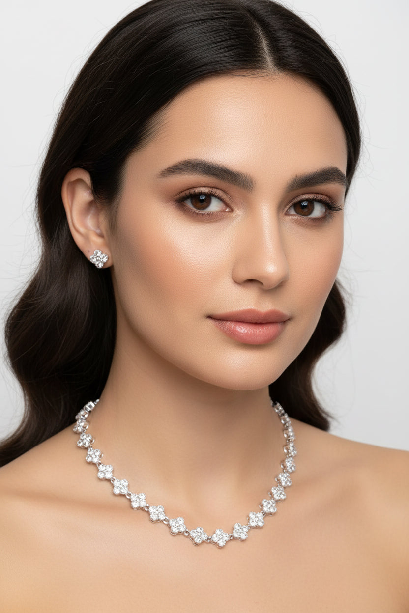 WHG CLEAR CLOVER TENNIS NECKLACE AND EARRING SET XM1677B