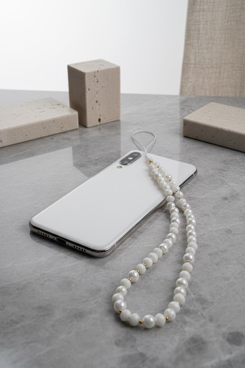 WHITE BEADED PHONE CHARM T001214052