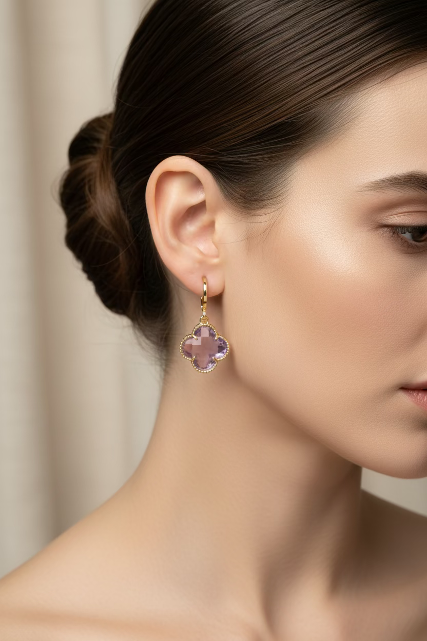 14K LIGHT PURPLE CRYSTAL CLOVER DANGLE EARRING RH-08280006