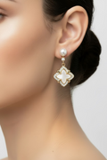 14K WHITE PEARL CLOVER DANGLE DROP EARRINGS KY1229A
