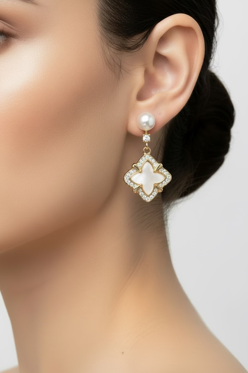 14K WHITE PEARL CLOVER DANGLE DROP EARRINGS KY1229A