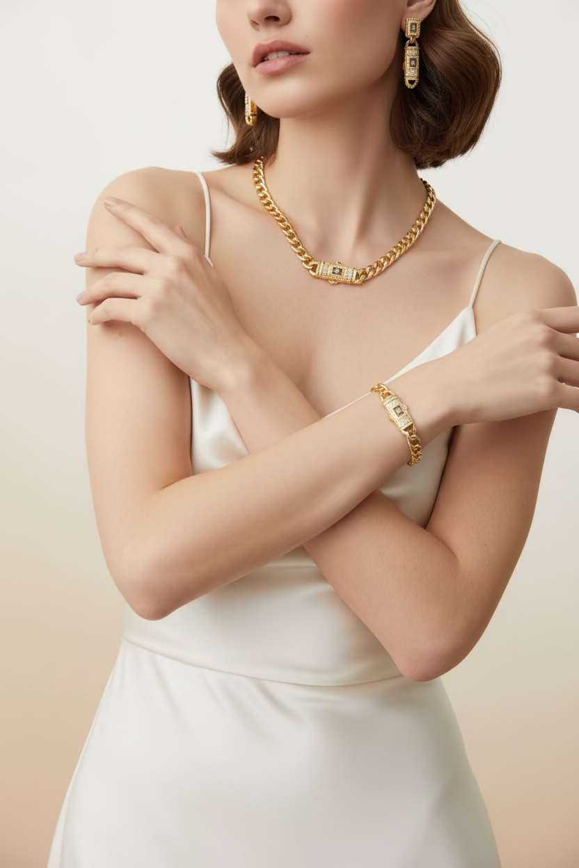 14K LOUIS VUITTON-INSP 4-PIECE CURB CHAIN JEWELRY SET KY1167C
