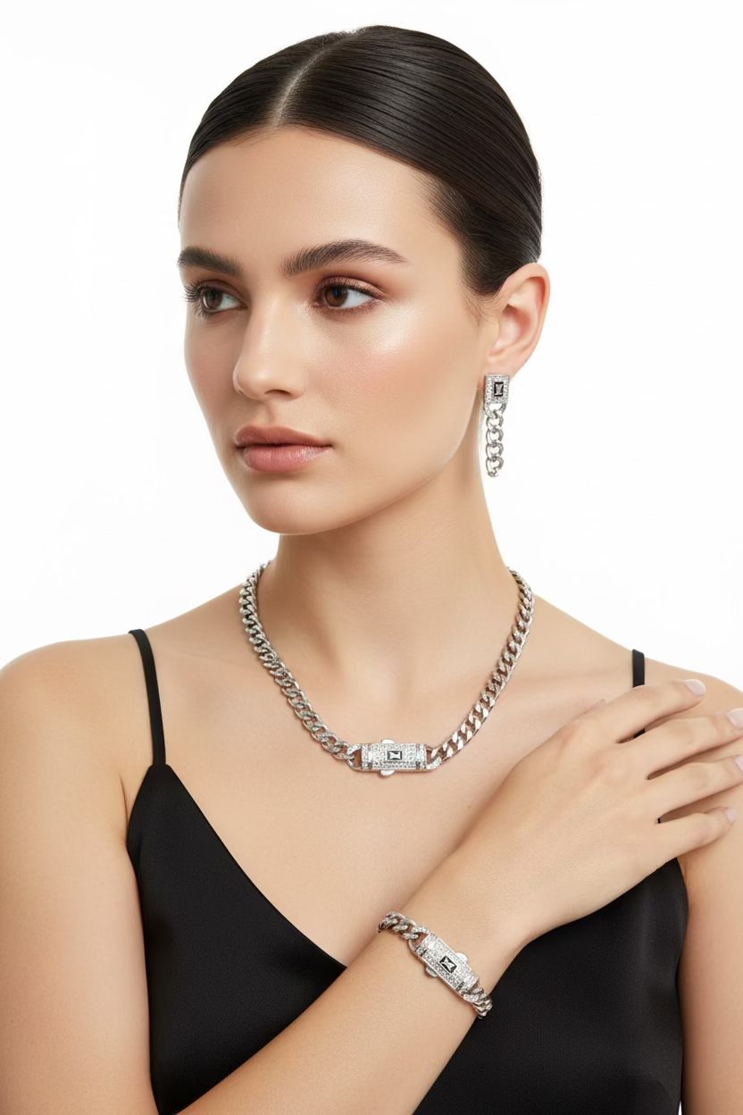 WHJ SILVER-TONE LOUIS VUITTON-INSP 4-PIECE CURB CHAIN JEWELRY SET KY1167C