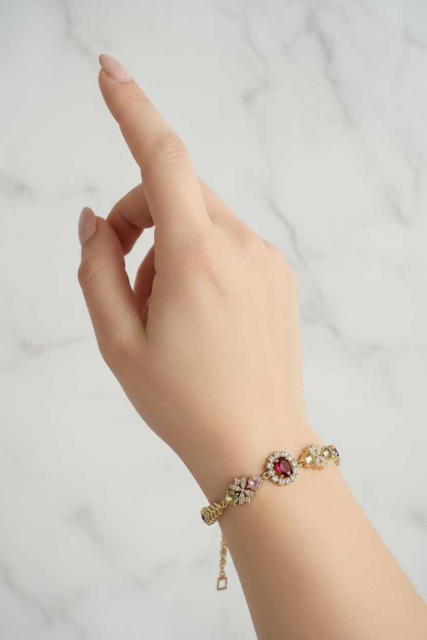 14K SPECIAL SERIES LEAF-FIGURED COLORFUL STONE TENNIS BRACELET MS-25310006
