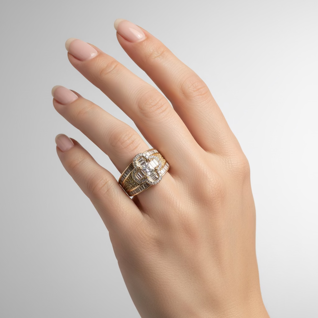 14K ICED OUT FOUR-LEAF CLOVER BAGUETTE-CUT FASHION RING