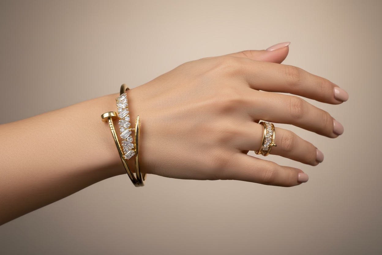 14K ICED OUT NAIL BYPASS CUFF BRACELET AND MATCHING ADJUSTABLE RING SET GSH46