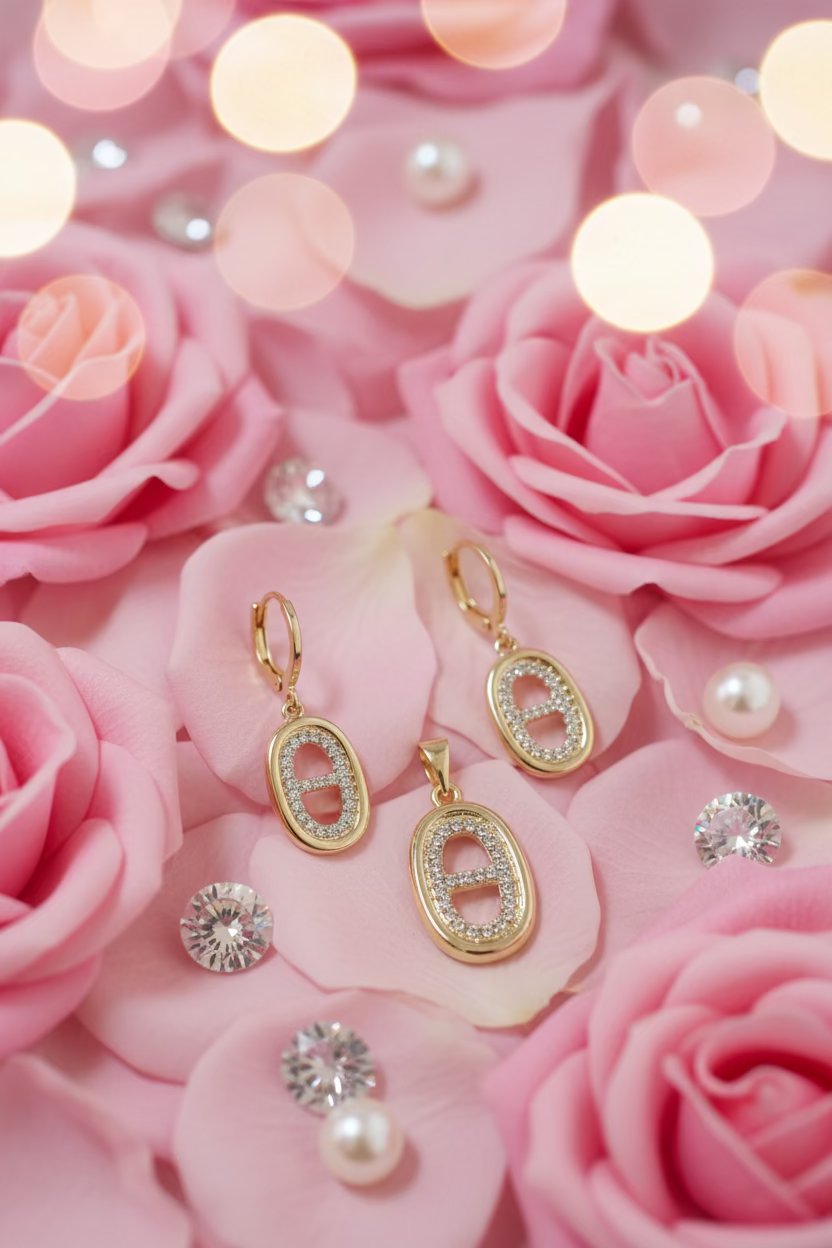 14K CUBIC ZIRCONIA PIG NOSE (ANCHOR LINK) JEWELRY SET GG GT-09840001